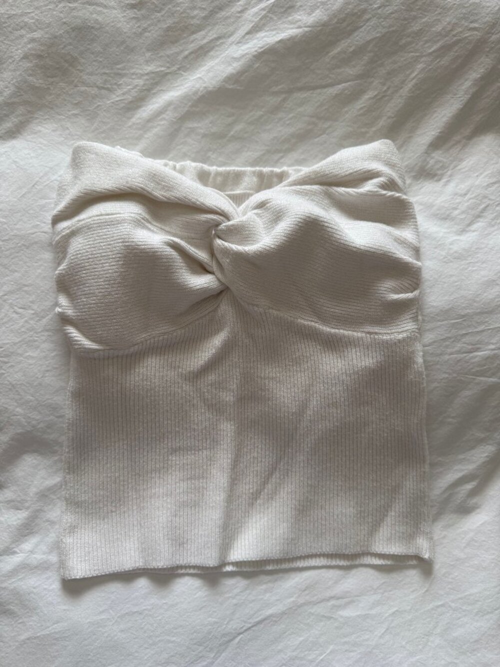 White Ribbed Twist-Front Tube Top — Size S